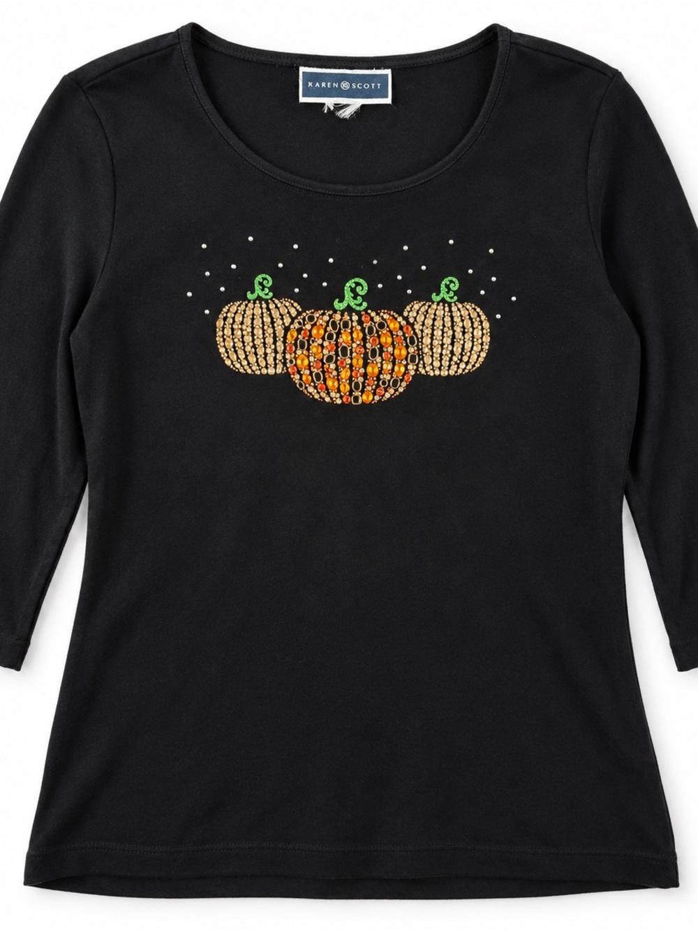 Karen Scott Embellished Pumpkin Top Medium Black Rhinestone Halloween - Picture 1 of 7